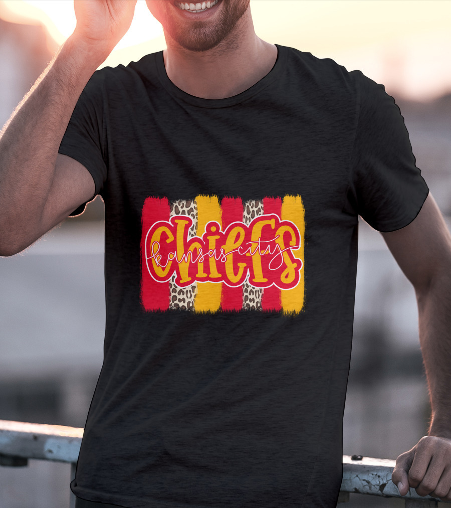 Kansas City Chiefs Handlettered Red Gold Leopard Stripes T-Shirt