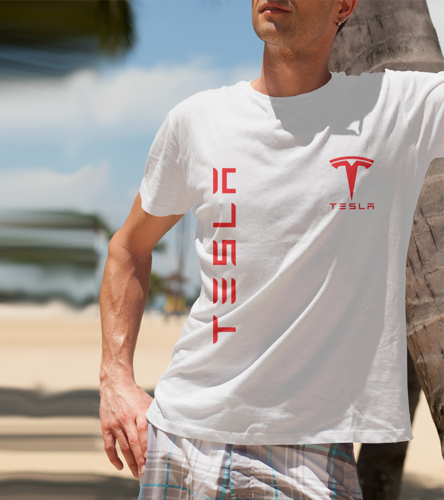 Tesla Vertical And Logo Red T-Shirt