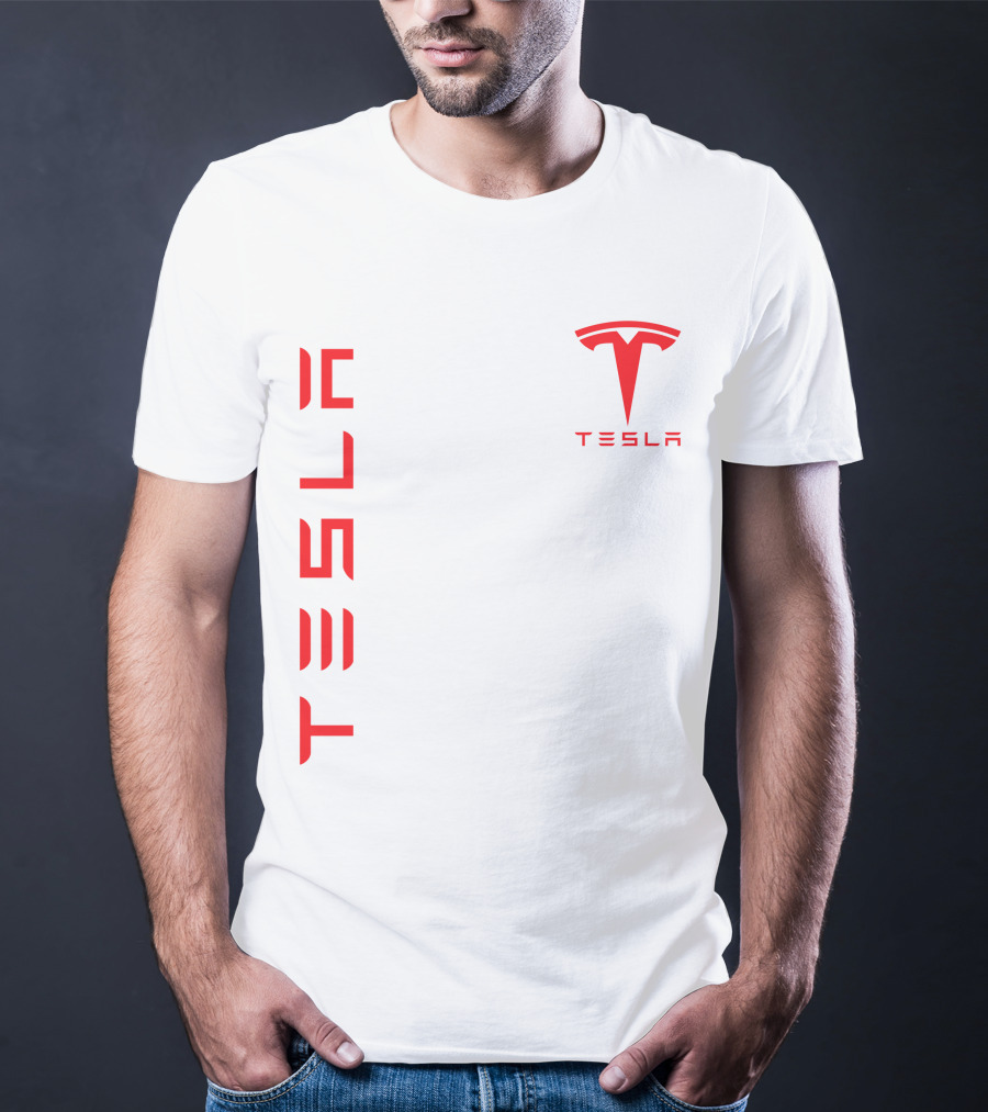 Tesla Vertical And Logo Red T-Shirt
