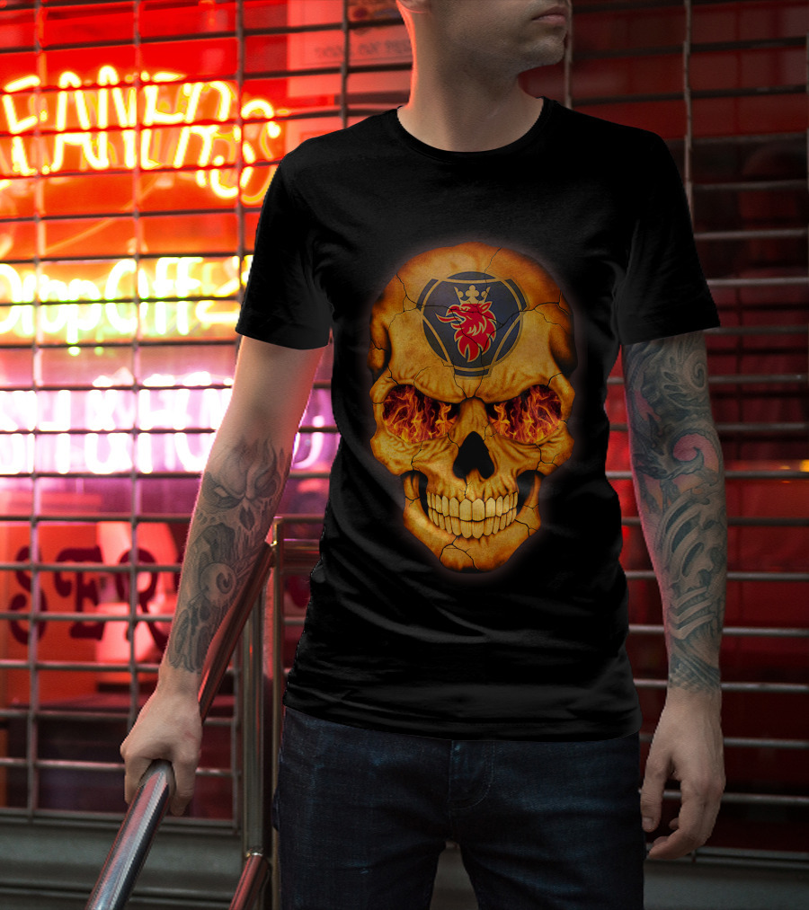 SCANIA Skull With Fiery Eyes And Lion Emblem T-Shirt