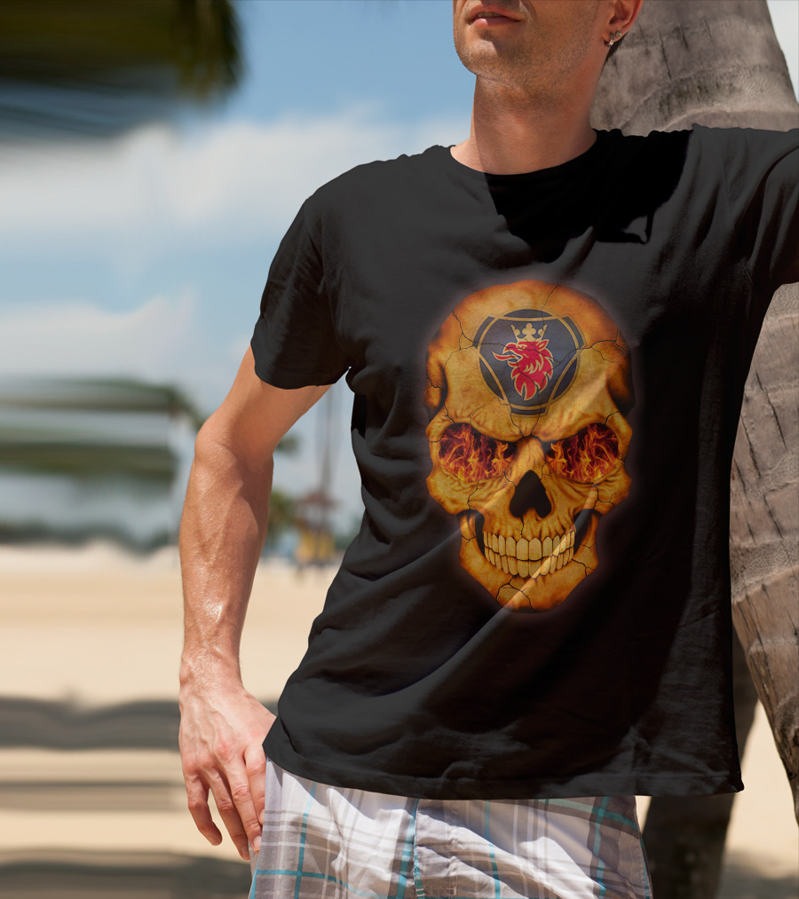 SCANIA Skull With Fiery Eyes And Lion Emblem T-Shirt