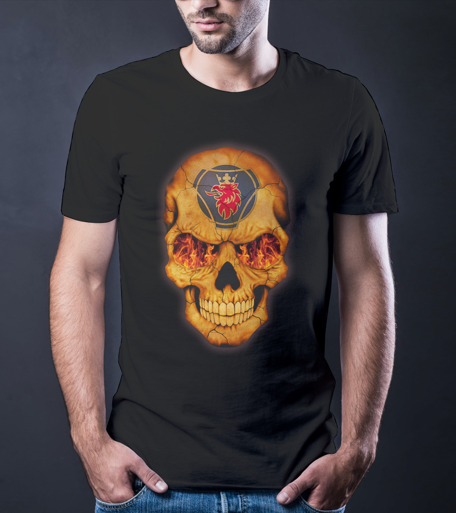 SCANIA Skull With Fiery Eyes And Lion Emblem T-Shirt