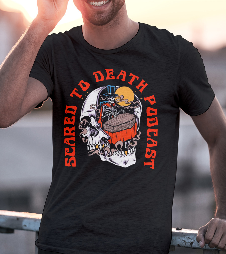Scared To Death Podcast Skeleton Coffin Moon Skull T-Shirt