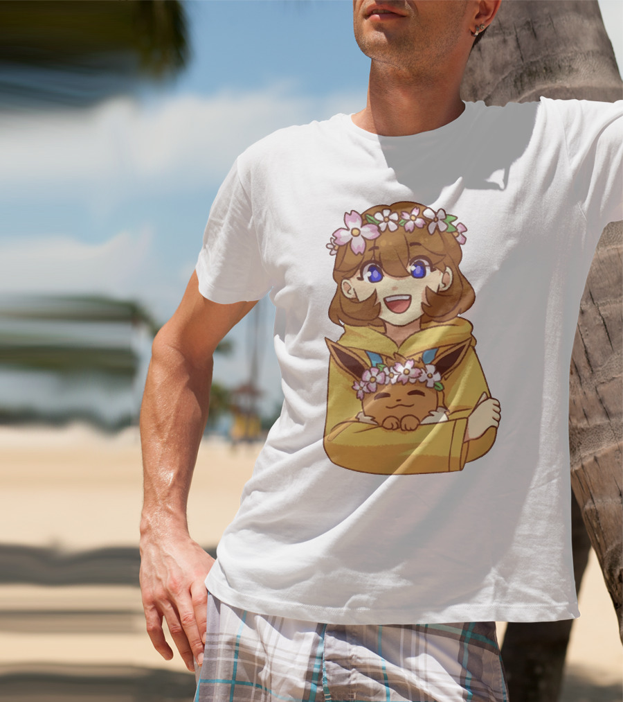 Ash With Flower Crown And Eevee Hugging T-Shirt