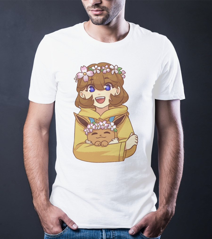 Ash With Flower Crown And Eevee Hugging T-Shirt