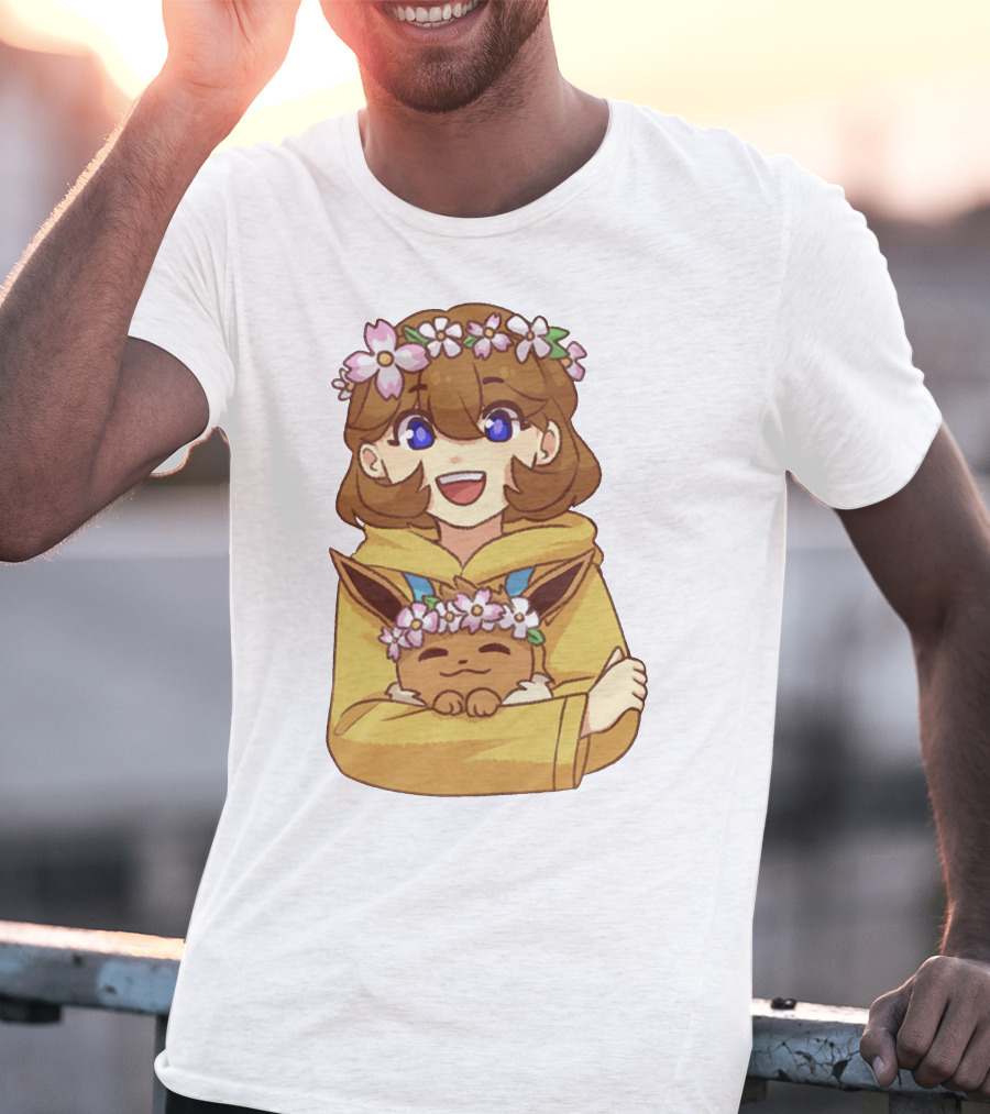 Ash With Flower Crown And Eevee Hugging T-Shirt
