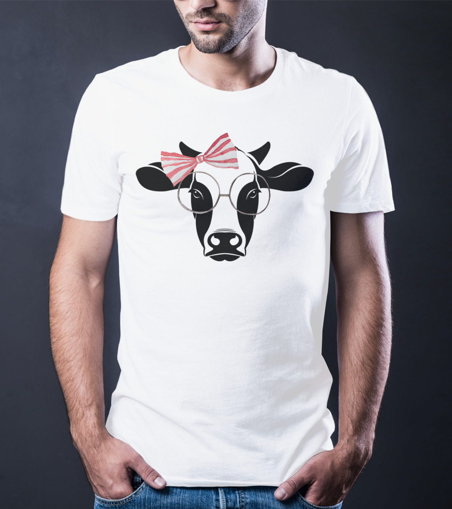 Cute Cow With Pink Striped Bow And Glasses T-Shirt