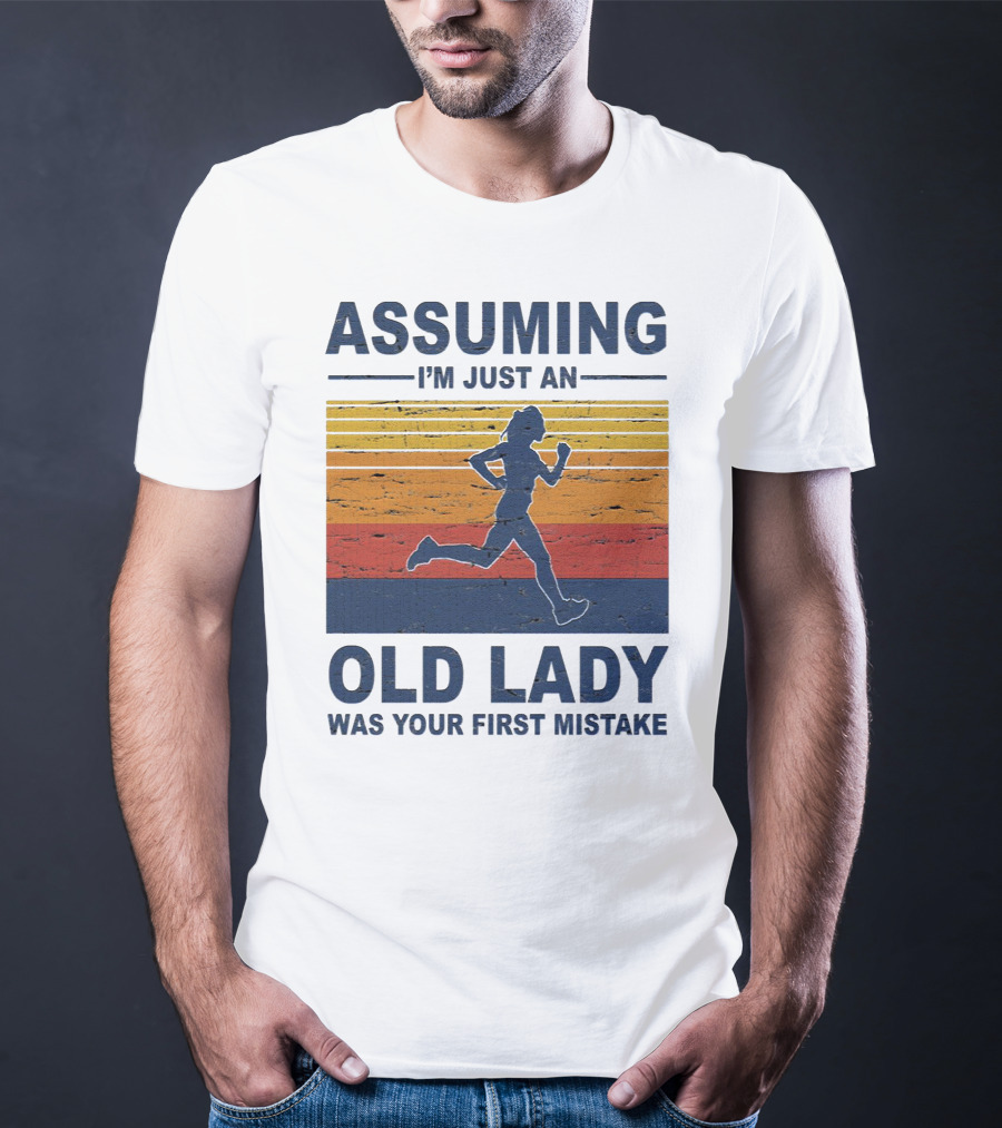 Assuming I'm Just An Old Lady Running Silhouette Retro Stripes T-Shirt