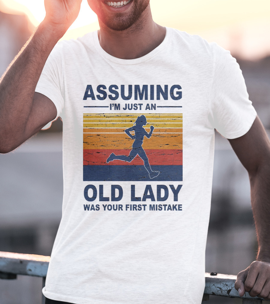 Assuming I'm Just An Old Lady Running Silhouette Retro Stripes T-Shirt
