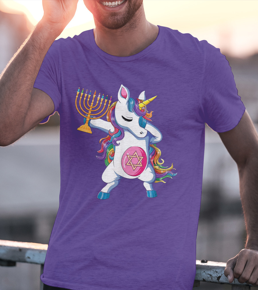 Jewnicorn Hanukkah Unicorn Dabbing With Menorah And Star Of David T-Shirt