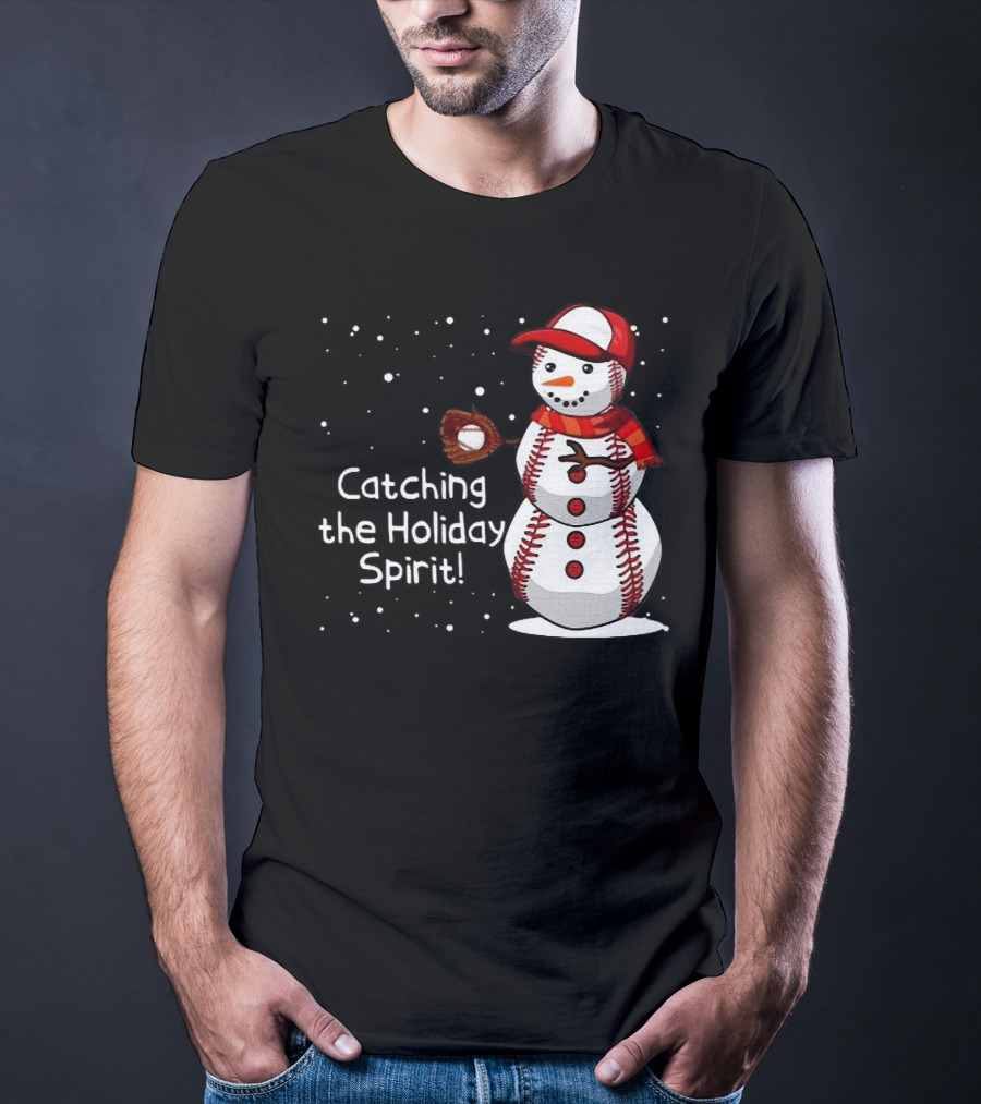 Catching The Holiday Spirit Baseball Snowman With Red Cap And Mitt T-Shirt