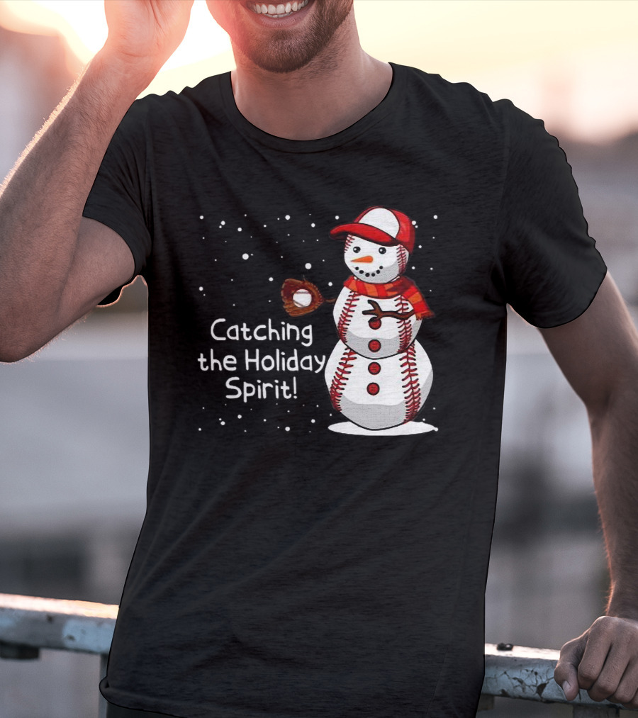 Catching The Holiday Spirit Baseball Snowman With Red Cap And Mitt T-Shirt