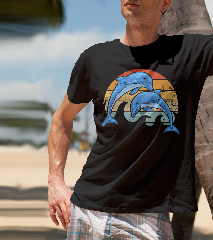 Vintage Sunset Striped Dolphin Pair T-Shirt