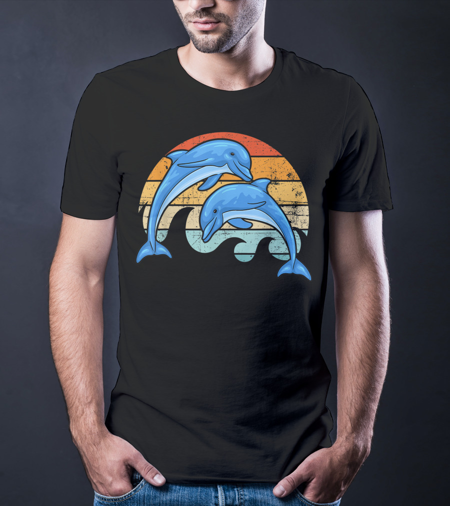 Vintage Sunset Striped Dolphin Pair T-Shirt