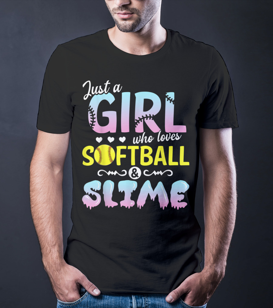 Just A Girl Who Loves Softball And Slime With Pastel Letters And Baseball Stitching T-Shirt