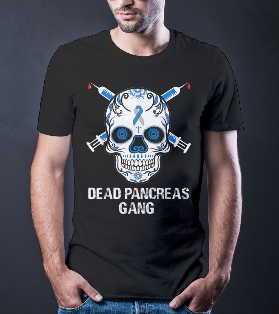 Dead Pancreas Gang Skull Diabetes Awareness Blue Ribbon Syringes T-Shirt