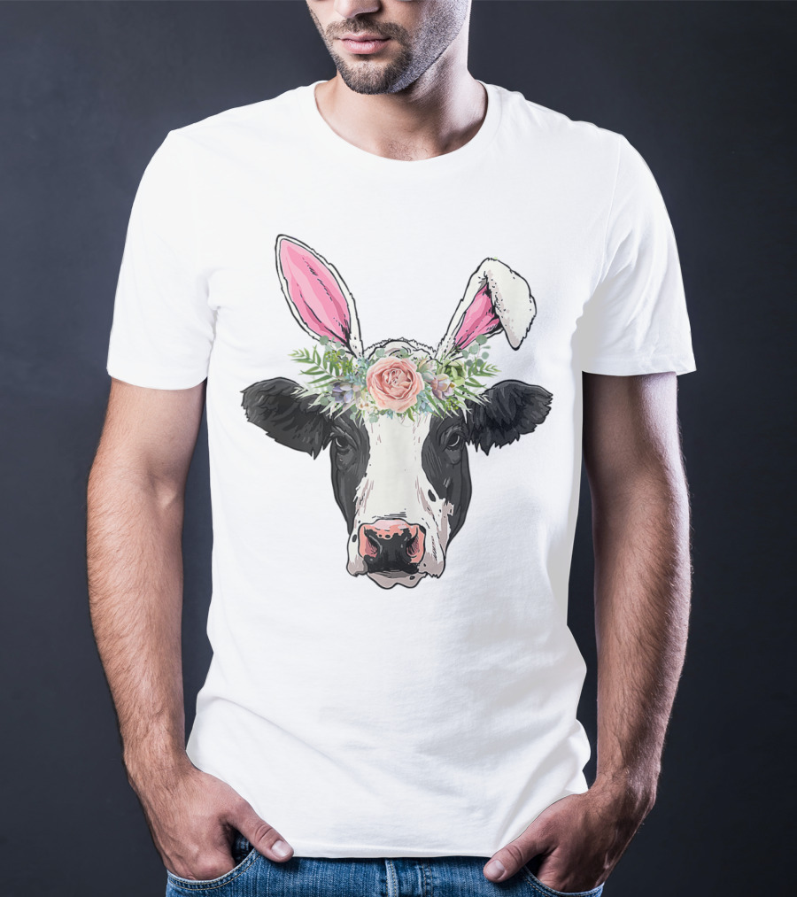 Funny Cow Easter Bunny Flower Crown T-Shirt
