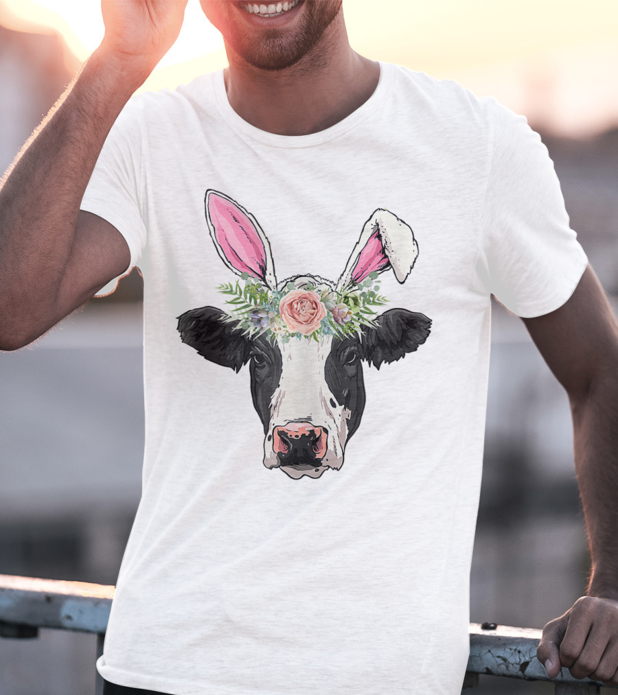 Funny Cow Easter Bunny Flower Crown T-Shirt