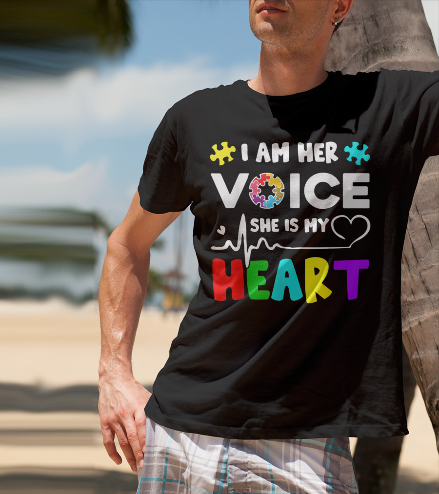 I Am Her Voice She Is My Heart Autism Awareness Puzzle Pieces T-Shirt