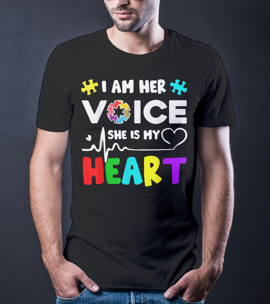 I Am Her Voice She Is My Heart Autism Awareness Puzzle Pieces T-Shirt
