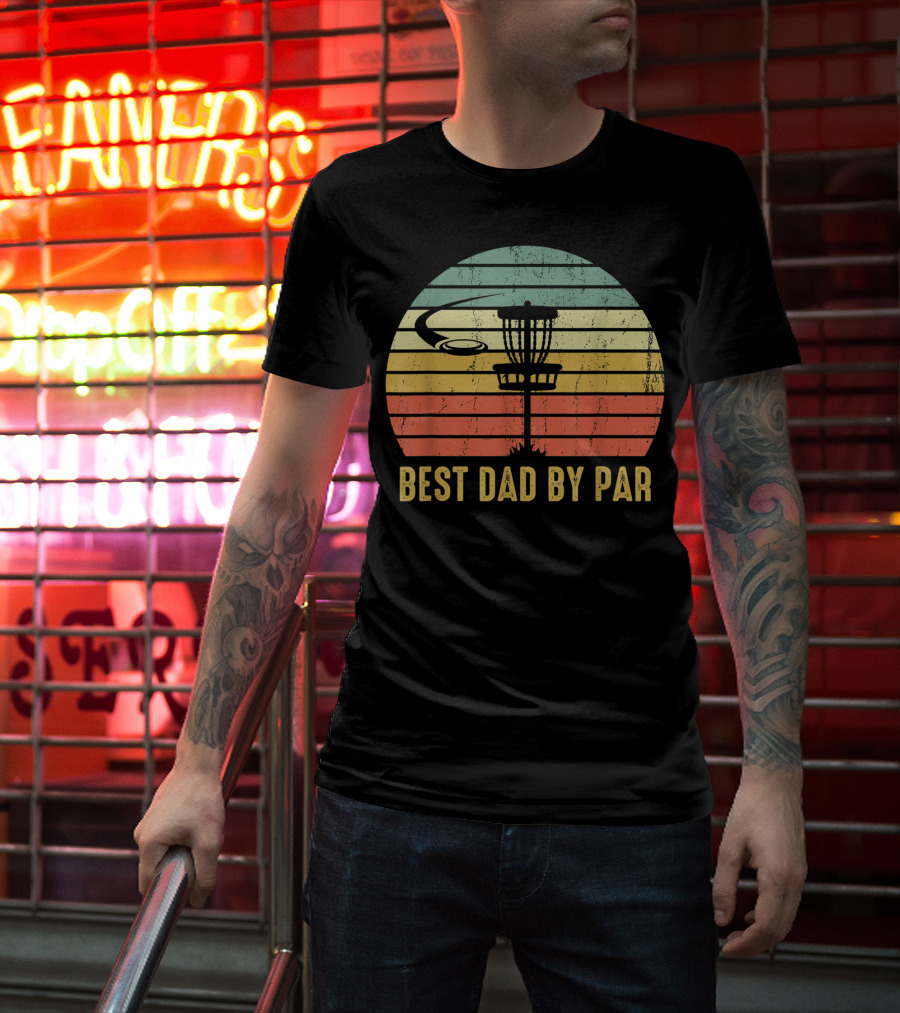 Best Dad By Par Vintage Disc Golf Basket Retro Sunset T-Shirt