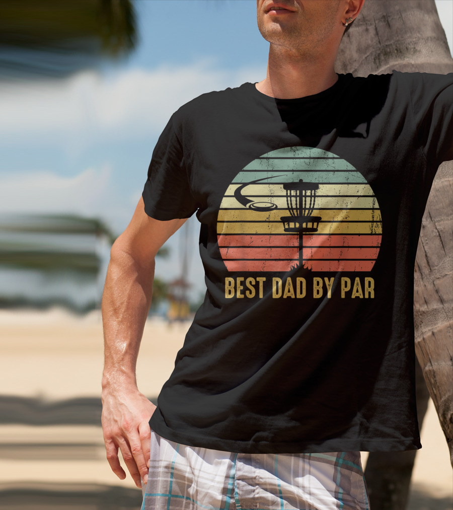 Best Dad By Par Vintage Disc Golf Basket Retro Sunset T-Shirt