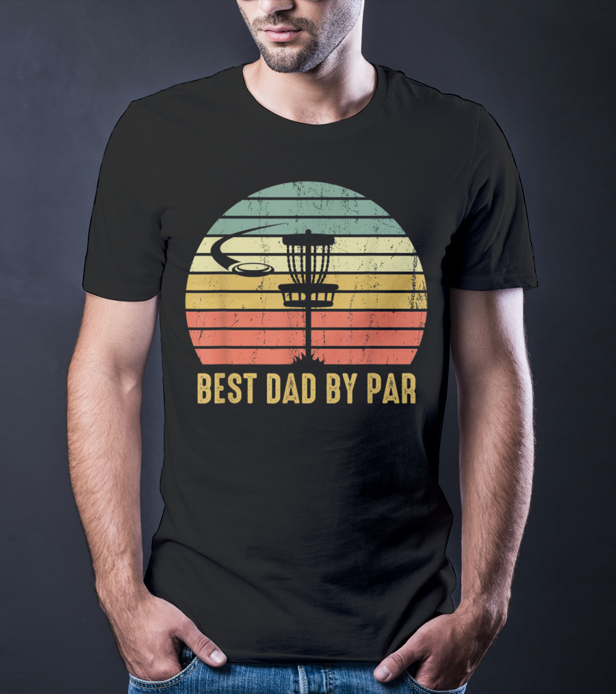 Best Dad By Par Vintage Disc Golf Basket Retro Sunset T-Shirt
