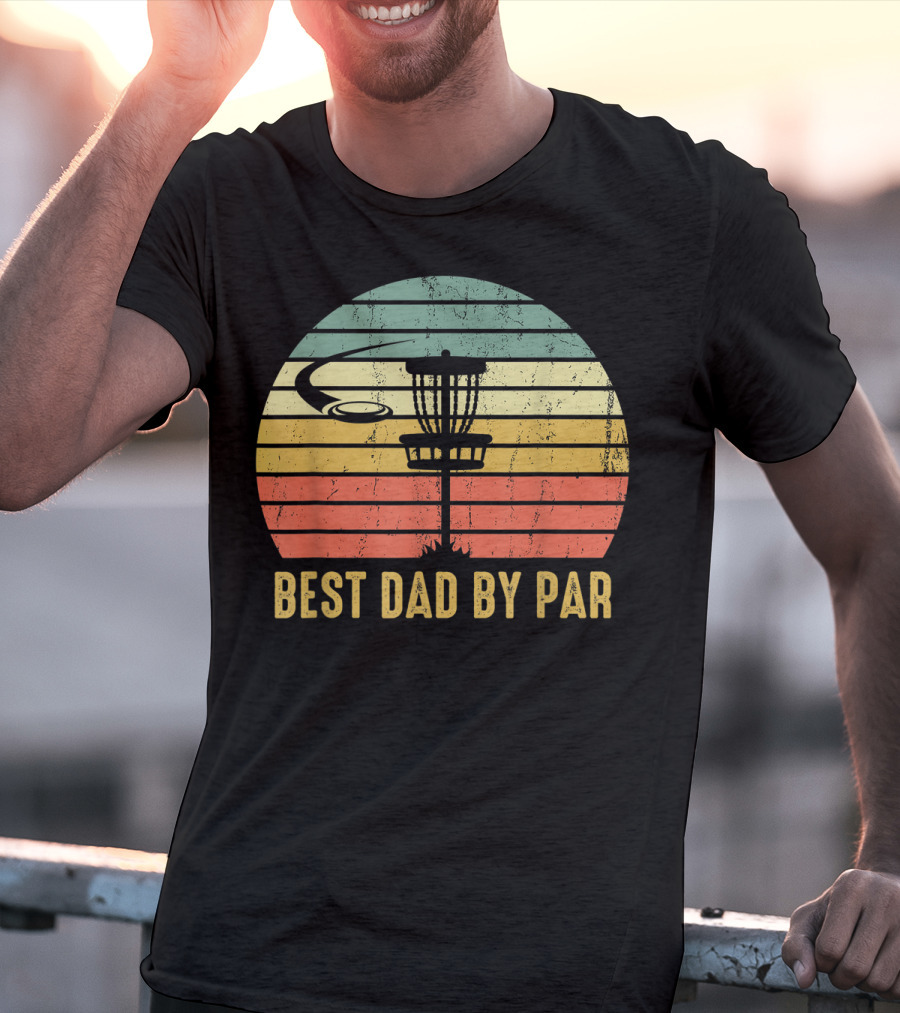 Best Dad By Par Vintage Disc Golf Basket Retro Sunset T-Shirt