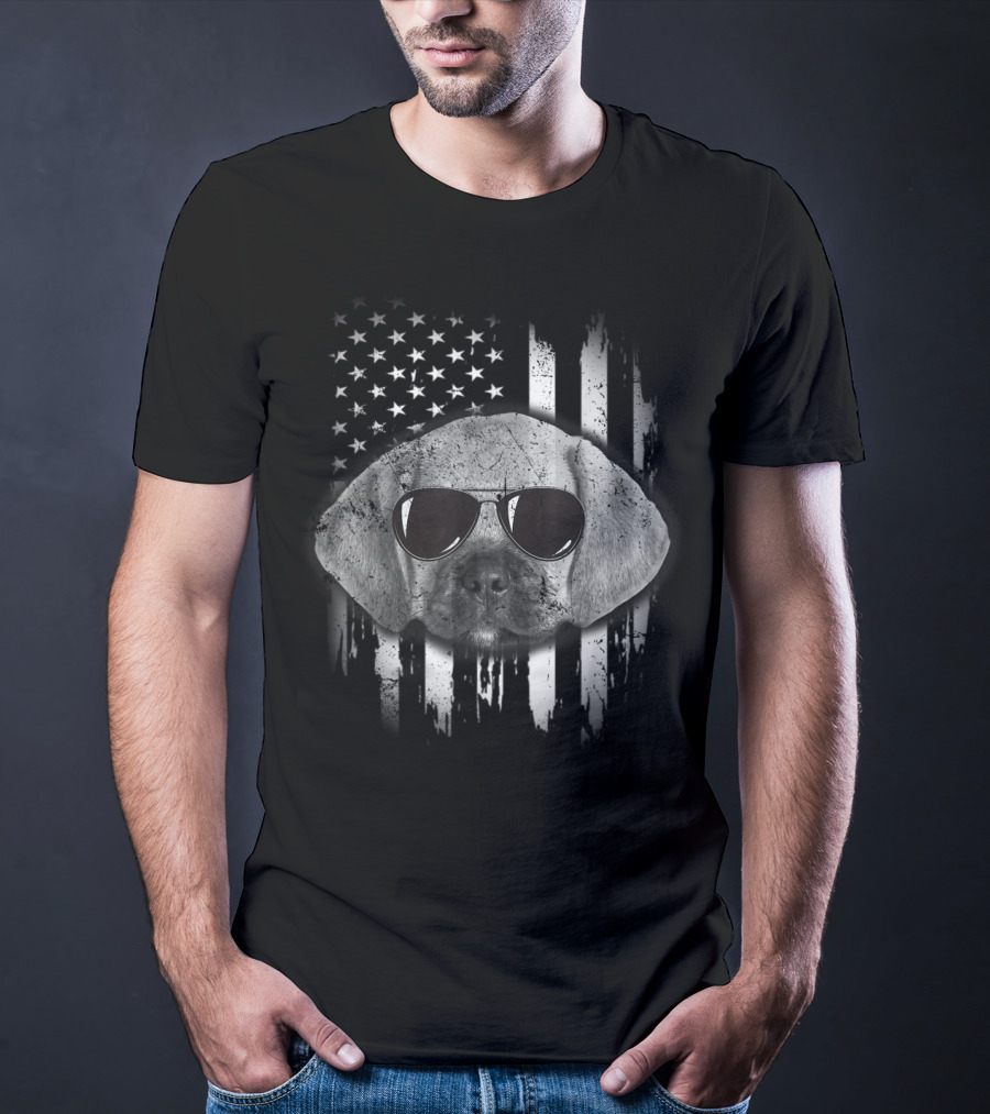 Proud American Puggle With Sunglasses And American Flag Background T-Shirt