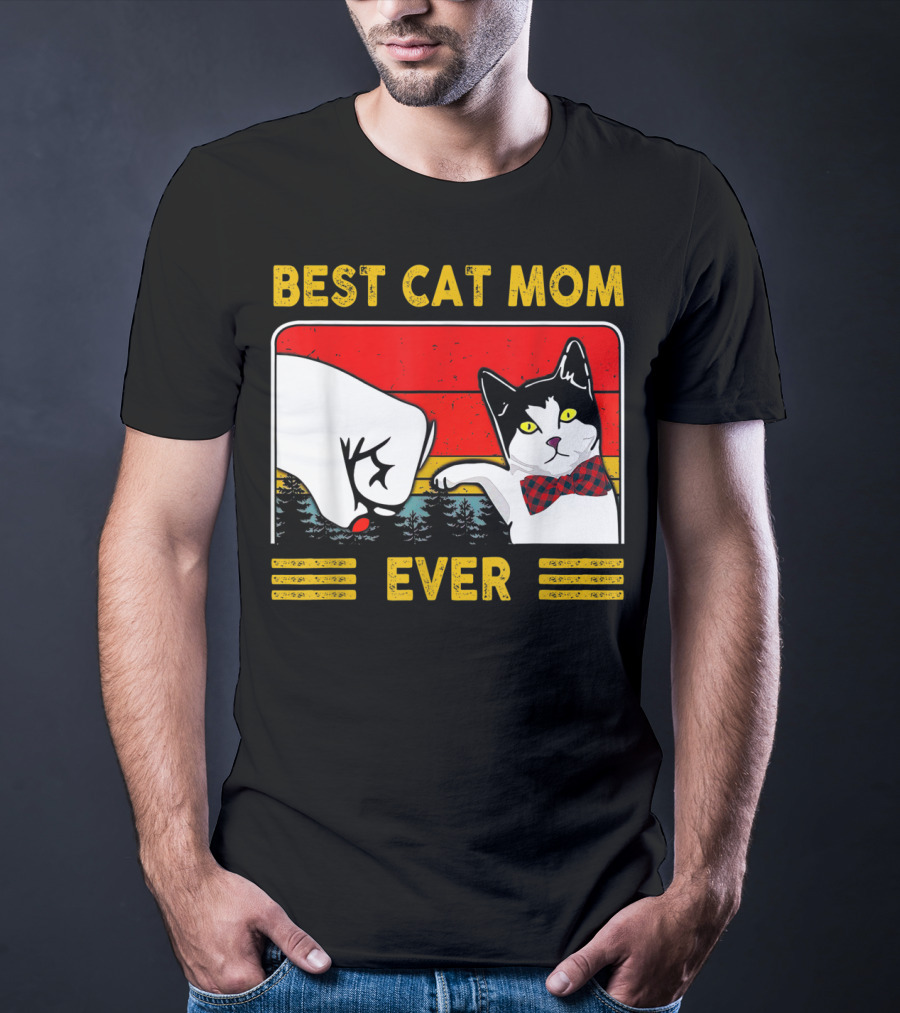 BEST CAT MOM EVER Retro Vintage Cat With Fist Bump And Bow Tie T-Shirt