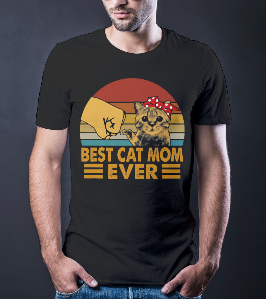 Best Cat Mom Ever Vintage Fist Bump With Cat Bow Stripes T-Shirt