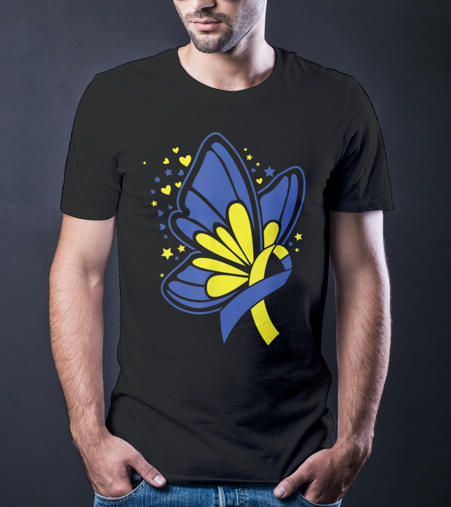 Butterfly T21 World Down Syndrome Awareness Day Ribbon Hearts And Stars T-Shirt