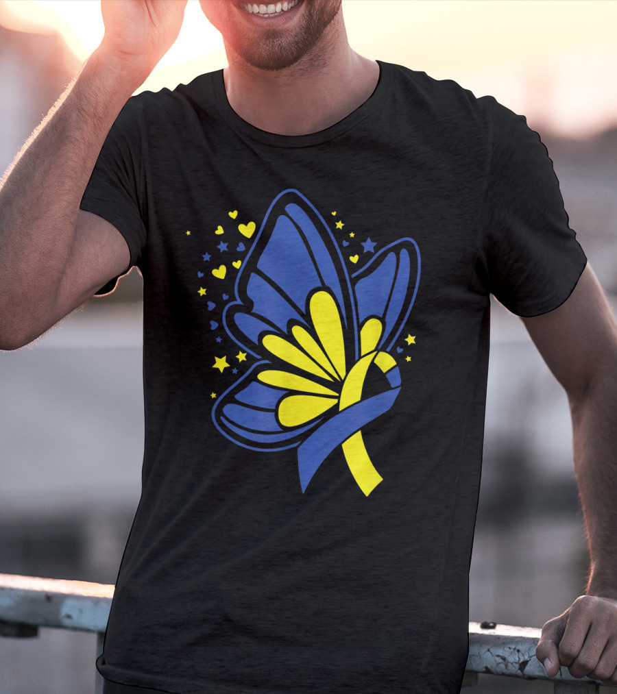 Butterfly T21 World Down Syndrome Awareness Day Ribbon Hearts And Stars T-Shirt