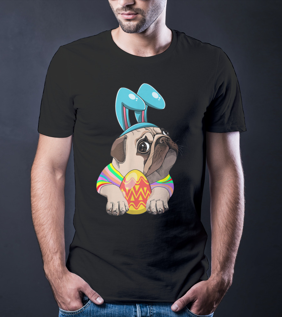 Cute Easter Pug With Bunny Ears Hugging Egg T-Shirt