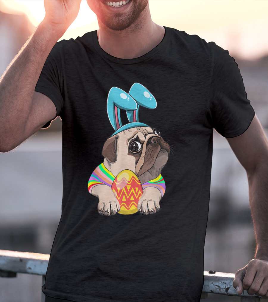 Cute Easter Pug With Bunny Ears Hugging Egg T-Shirt