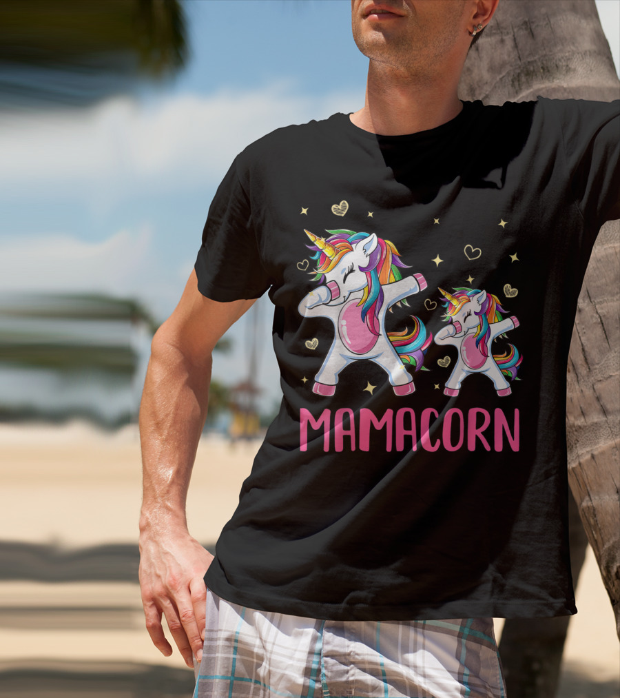 Colorful Dabbing Unicorns Mamacorn With Rainbow Hair And Hearts T-Shirt