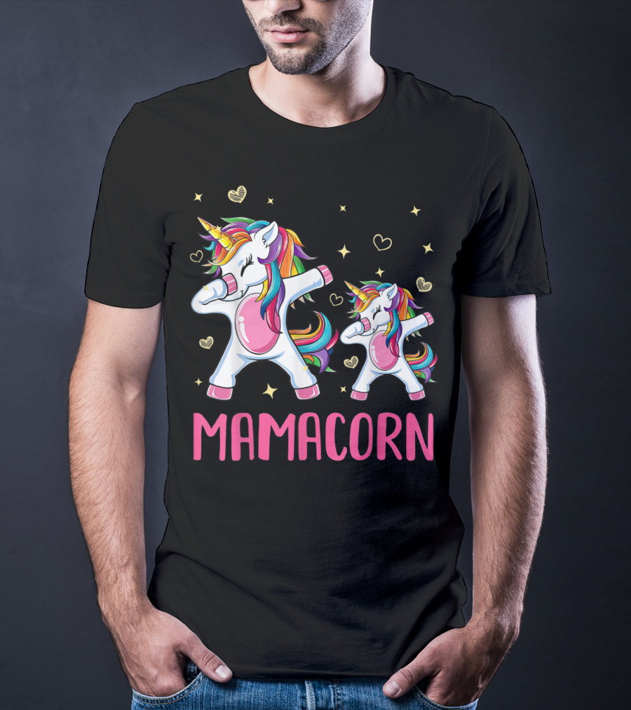 Colorful Dabbing Unicorns Mamacorn With Rainbow Hair And Hearts T-Shirt