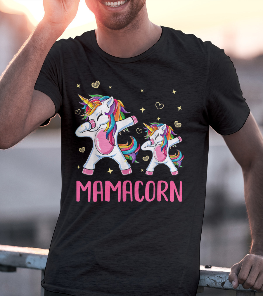 Colorful Dabbing Unicorns Mamacorn With Rainbow Hair And Hearts T-Shirt