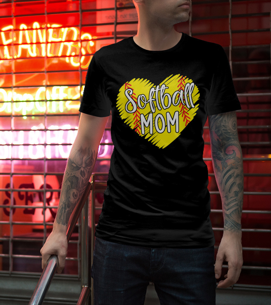 Softball Mom Heart Yellow Red Stitching Baller Mama T-Shirt