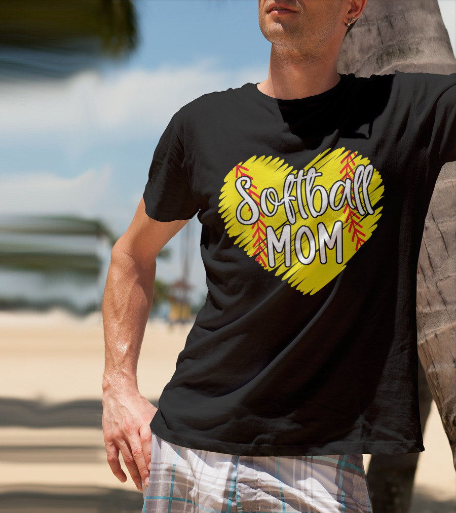 Softball Mom Heart Yellow Red Stitching Baller Mama T-Shirt