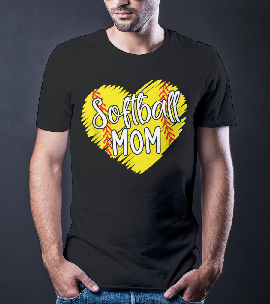 Softball Mom Heart Yellow Red Stitching Baller Mama T-Shirt