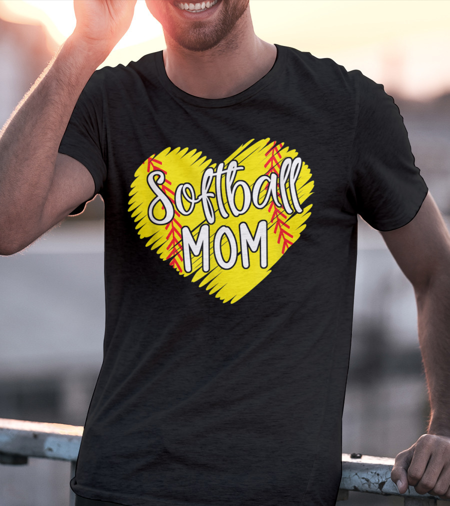 Softball Mom Heart Yellow Red Stitching Baller Mama T-Shirt