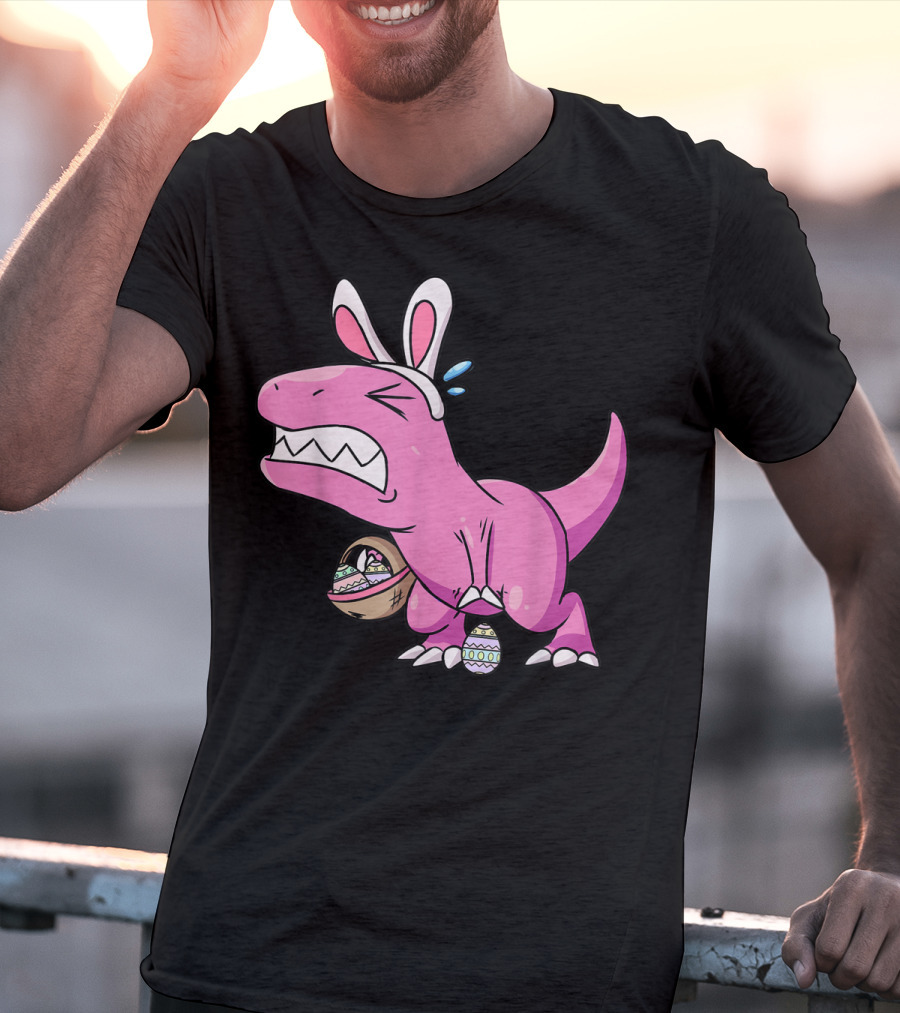 Easter Dinosaur Rex Egg Hunt Is On Funny T-Rex With Bunny Ears And Basket T-Shirt