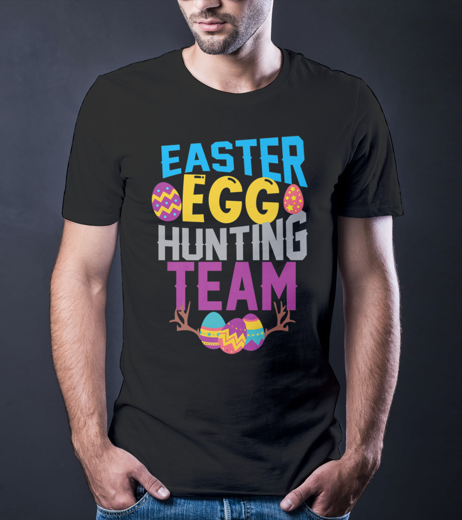Easter Egg Hunting Team With Colorful Eggs And Antlers T-Shirt