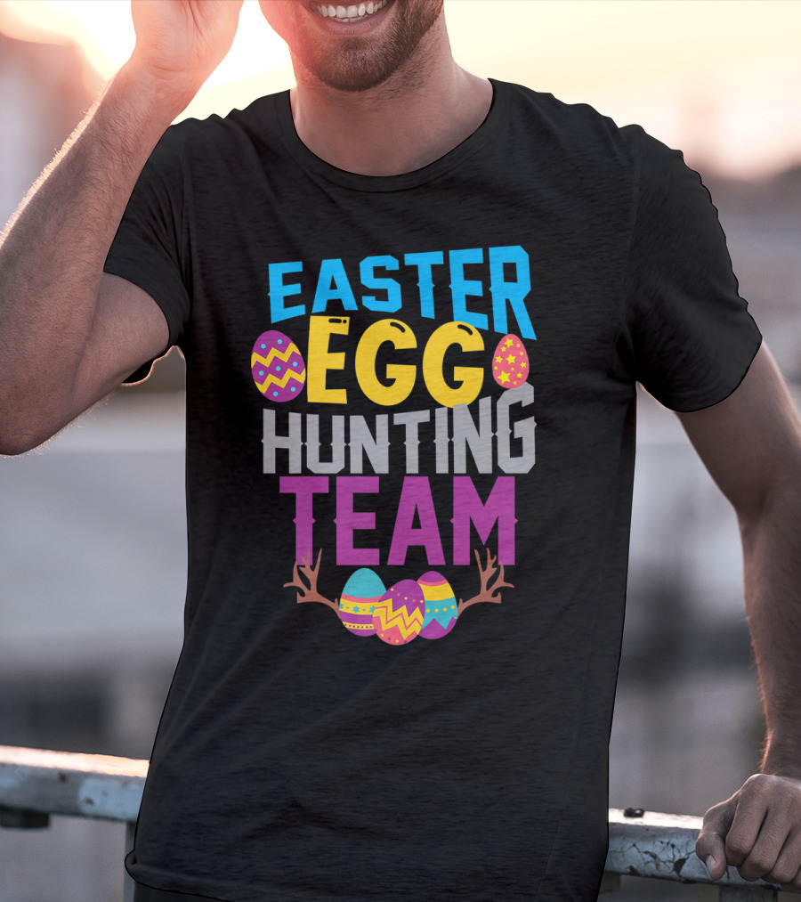 Easter Egg Hunting Team With Colorful Eggs And Antlers T-Shirt