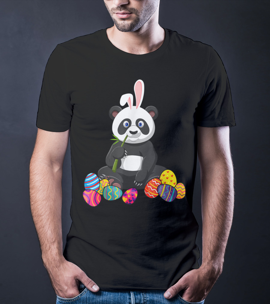 Panda Bunny Ear Eating Bamboo With Colorful Easter Eggs T-Shirt