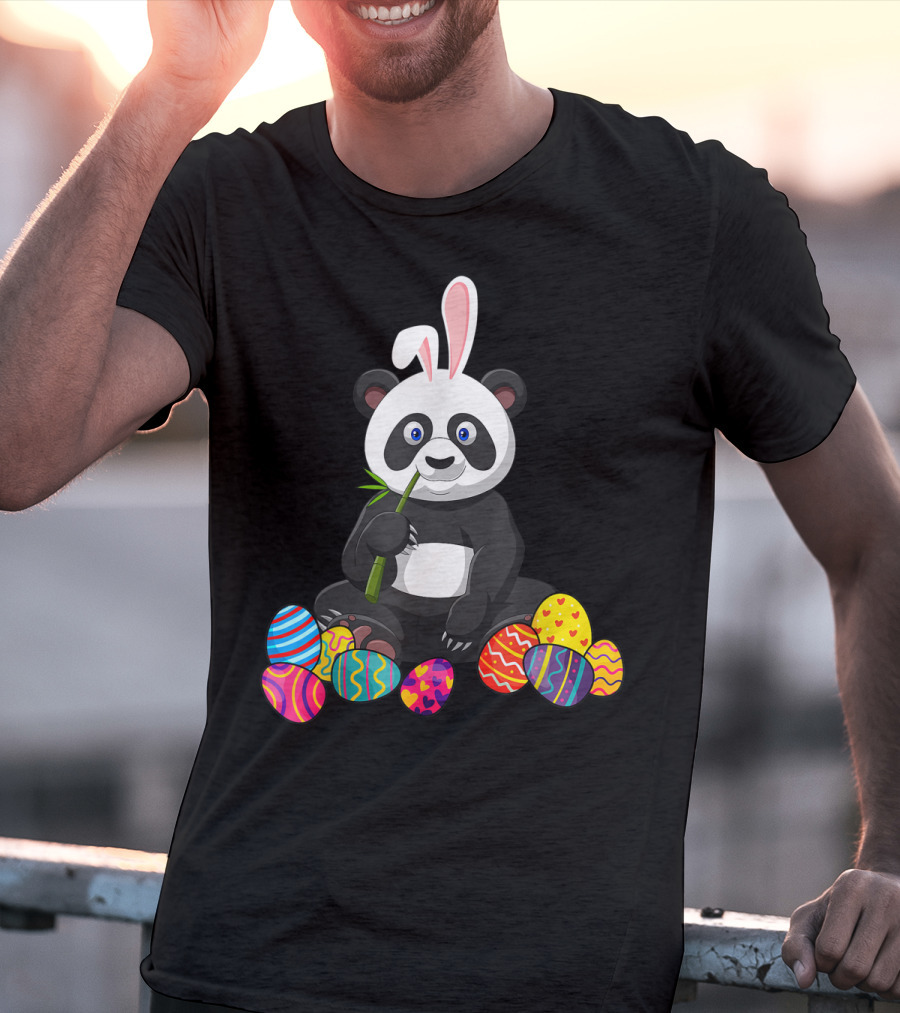 Panda Bunny Ear Eating Bamboo With Colorful Easter Eggs T-Shirt