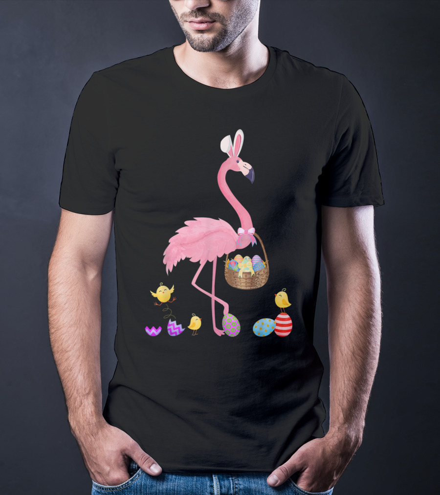 Pretty Easter Flamingo With Basket And Colorful Eggs T-Shirt