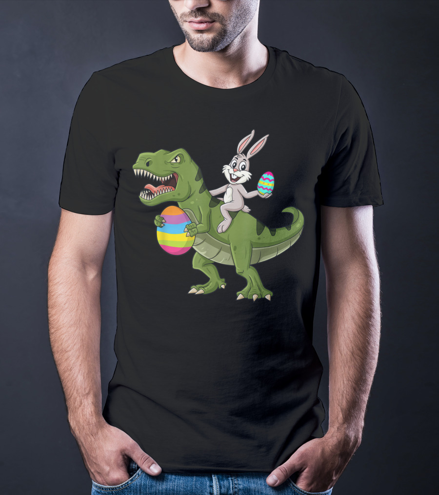 Rabbit On Dinosaur Holding Colorful Easter Eggs T-Shirt