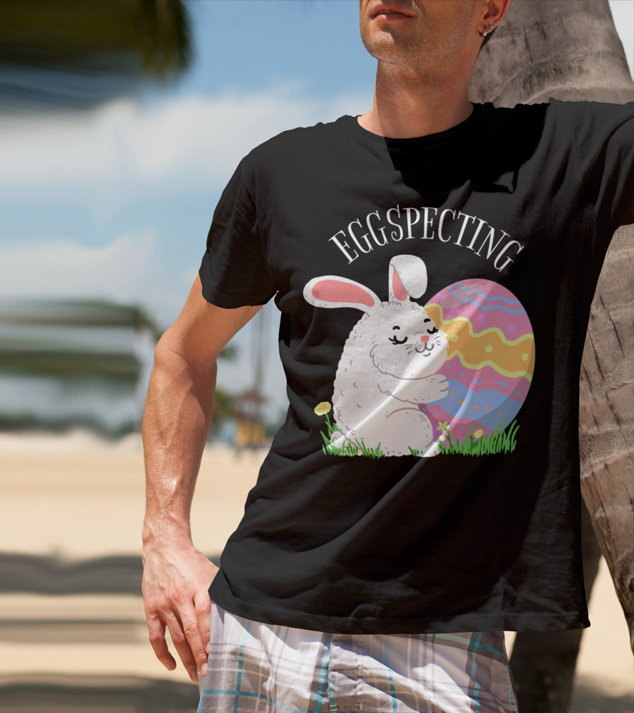 Eggspecting Easter Bunny Hugging Colorful Egg Pregnancy Announcement T-Shirt